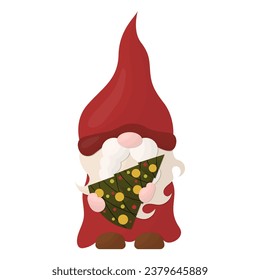 A Christmas gnome holds a Christmas tree. Vector illustration on a white background.