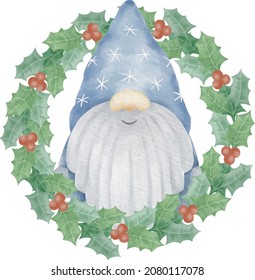 Christmas gnome in a Holly wreath vector watercolor illustration. Christmas sublimation design.