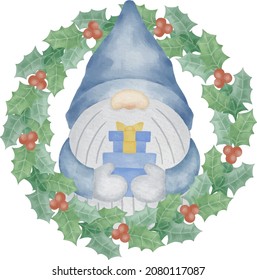 Christmas gnome in a Holly wreath watercolor illustration. Holly wreath with red berries watercolor clipart. Christmas sublimation design.