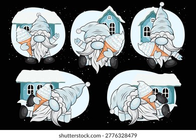 Christmas Gnome Ice Cream  Bundle Circle Clipart Holiday Vector
