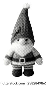 christmas gnome knitted toy santa elf isolated on white background retro grunge halftone dotted texture vintage magazine style collage element for mixed media design crazy pop art 