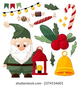 
Christmas gnome with a lantern. Vector illustration of a set of elements in flat style for decoration, background, invitation or frame.