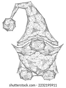 The Christmas gnome. Low-poly design of interconnected lines and dots. White background.