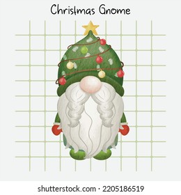 Christmas Gnome - Merry Christmas. Hand drawn vector illustration watercolor cute gnome banner design. Xmas design for holidays decoration, greeting cards, gift tags, t-shirt print.