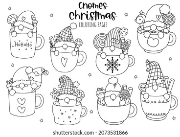 Christmas gnome mug doodle, outline and coloring pages