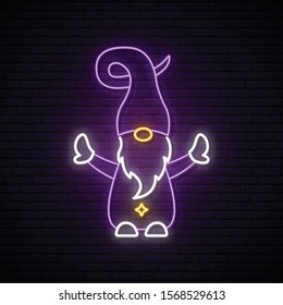 Christmas gnome neon sign. Bright violet gnome silhouette on dark brick background. Happy New Year Design.