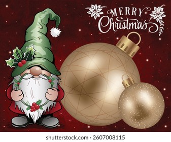 A Christmas gnome next to Xmas baubles with a dark red setting.