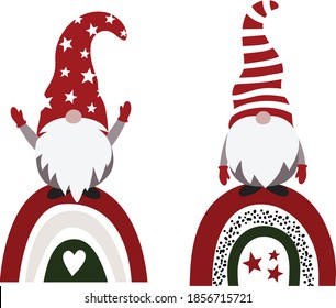 Christmas Gnome on Rainbow Vector, Santa On Modern Rainbow, Scandinavian Gnome 