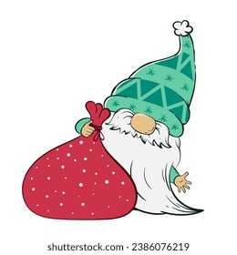 Christmas gnome peeks out from behind Santa's big bag of gifts. Vector illustration of cartoon dwarf character.