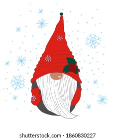 Christmas gnome in a red hat, long beard, stands against the background of falling snowflakes. Vector illustration.