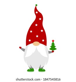Christmas gnome in a red hat with a tree. Cartoon style. Vector character with a beard. Holiday and new year symbol. Cute illustration. For postcards, invitations, flyers. Isolated on white.