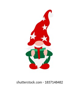 Christmas Gnome in Santa Claus costume, hat with stars and gift in hands, isolated without background, vector illustration, funny north scandinavian elf gnome for decoration, invitation, greeting card