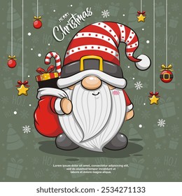 Christmas Gnome Santa Claus On Green Background. Cute Cartoon Illustration