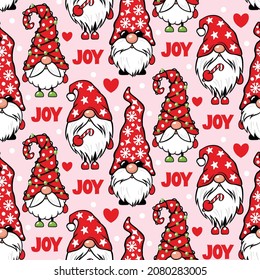 Christmas gnome seamless pattern. Cute elf. Vector funny print with cartoon characters. Colorful repeat background. Holidays design for wrapping paper, fabric, print.