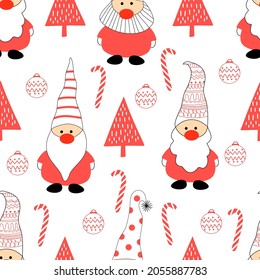 Christmas gnome seamless pattern in doodle style on white background for Christmas fashion print, wallpaper, gift wrapping paper etc.
