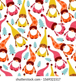 Christmas gnome seamless pattern. Nordic Scandinavian Dwarf repeated background. Colorful winter illustration for seasonal greetings, wrapping, fabric