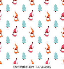 Christmas gnome seamless pattern. Nordic Scandinavian Dwarf repeated background. Colorful winter illustration for seasonal greetings, wrapping, fabric