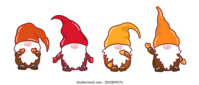 Christmas gnome set in hats. Vector set of nordic dwarf family 