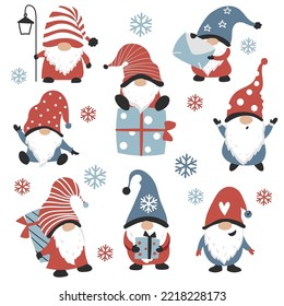 Christmas gnome set. Perfect for Holiday decor,  greeting card, sticker kit. Vector illustration.