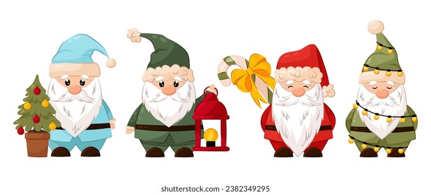 Christmas gnome. Set of vector illustrations of gnomes on a white background in a flat style. Holiday character.