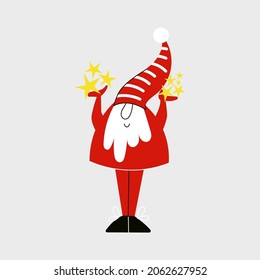 Christmas Gnome with stars or Cute Dwarf with red cap in simple scandinavian nordic style. Winter Noel or holiday Elf flat vector cartoon illustration for Christmas greeting card with Santa