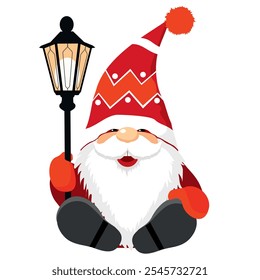 A Christmas gnome with a street lamp. A cheerful dwarf in a hat with a lantern. A seated dwarf with a white beard and moustache in a hat. Illustrated vector clipart.