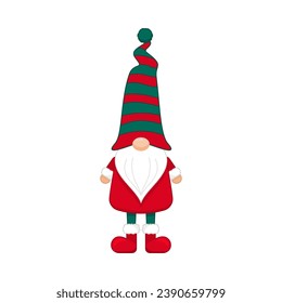 Christmas gnome in striped cap festive red boots. Greeting new years character in green hat and pants with white beard as scandinavian symbol of wealth and prosperity