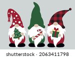 Christmas gnome svg vector Illustration. Three gnomes are holding new year items. Cute christmas gnome shirt design and home decor for winter vacation.Scandinavian gnome with decoration in hands 