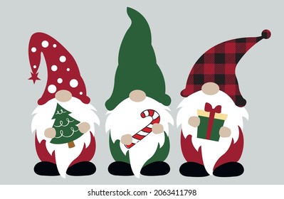 Christmas gnome svg vector Illustration. Three gnomes are holding new year items. Cute christmas gnome shirt design and home decor for winter vacation.Scandinavian gnome with decoration in hands  svg