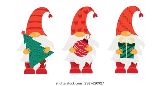 Christmas gnome. Three gnomes are holding New Year's items. Cute Christmas gnome shirt design and home decor for winter holidays. Scandinavian gnome with decoration in his hands.Vector illustration