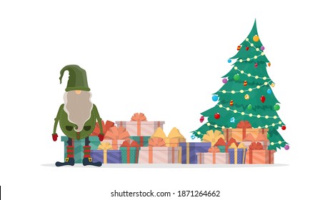 Christmas gnome with a tree and gifts. Small man with a beard in green clothes. A mountain of gifts. Suitable for postcards and children's books. Vector.