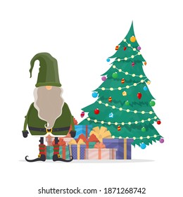 Christmas gnome with a tree and gifts. Small man with a beard in green clothes. A mountain of gifts. Vector.