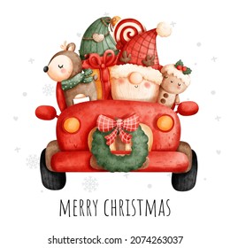 Christmas gnome truck watercolor greeting card