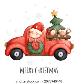 Christmas gnome truck watercolor greeting card