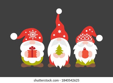 Christmas gnome vector. Cute scandinavian gnomes in santa hats in cartoon style. Greeting Christmas card with Scandinavian holiday characters isolated on dark background.