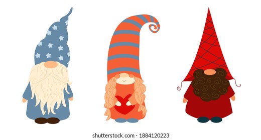 Christmas gnome vector. Cute scandinavian gnomes in cartoon style. Scandinavian holiday symbols isolated on white background.