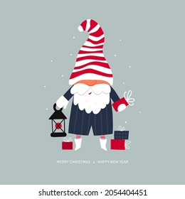 Christmas gnome vector. Greeting Christmas card with holiday character. Hand-drawn illustration.