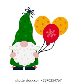 Christmas gnome vector icon. A cute elf with a beard holds a bunch of balloons with snowflake print. Santa Claus helper in a stocking cap with a bow, green suit. Flat cartoon clipart isolated on white