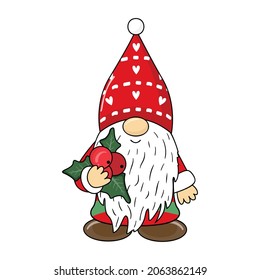 Christmas gnome vector illustration, Cute cheerful gnome. Winter christmas cartoon character for postcard.