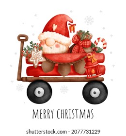 Christmas gnome in the wagon watercolor greeting card