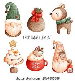 Christmas gnome watercolor element. Vector