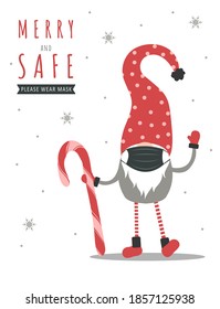 Christmas gnome wearing a protective face mask against coronavirus. New year greeting card with quote Merry and Safe. Vector illustration in cartoon style. Vintage design for poster, banner, flyer.