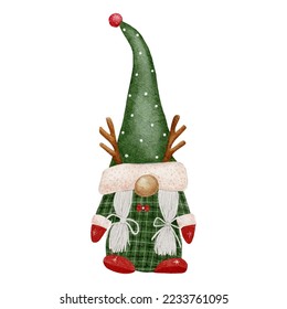 Christmas Gnome Wearing Santa Claus Green Hat isolated on white background. Watercolor hand paint Cute Scandinavian Dwarfs,Vector illustration elements character for Merry Christmas,New Year Greeting