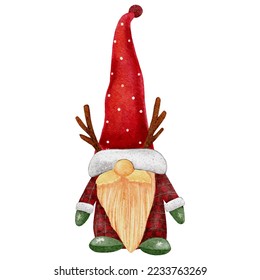 Christmas Gnome Wearing Santa Claus Red Hat isolated on white background. Watercolor hand paint Cute Scandinavian Dwarfs,Vector illustration elements character for Merry Christmas,New Year Greeting