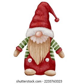 Christmas Gnome Wearing Santa Claus Red Hat isolated on white background. Watercolor hand paint Cute Scandinavian Dwarfs,Vector illustration elements character for Merry Christmas,New Year Greeting