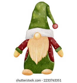 Christmas Gnome Wearing Santa Claus Green Hat isolated on white background. Watercolor hand paint Cute Scandinavian Dwarfs,Vector illustration elements character for Merry Christmas,New Year Greeting