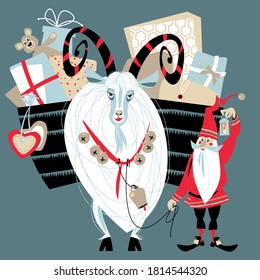 Christmas Gnome and Yule goat with a gift basket. Scandinavian Christmas tradition. Vector illustration