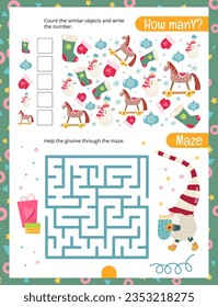 Christmas Gnomes activities for kids. How many. Count the number of Christmas Decorations. Maze Labyrinth. Vector illustration.