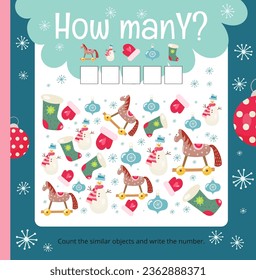 Christmas Gnomes activities for kids. How many. Count the number of Christmas Decorations. Vector illustration. Square page for Activity Book.