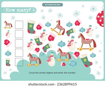 Christmas Gnomes activities for kids. How many. Count the number of Christmas Decorations. Vector illustration.